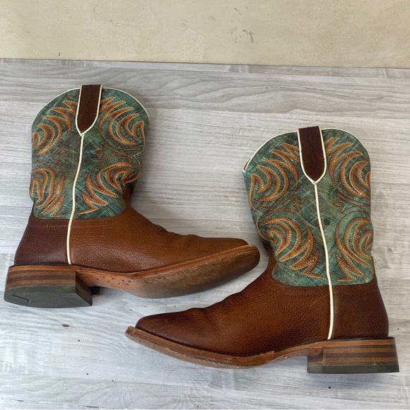 Ariat Brown Teal Leather Wide Square Toe Western Cowboy Boot Men’s Size 8.5D - Picture 5 of 15